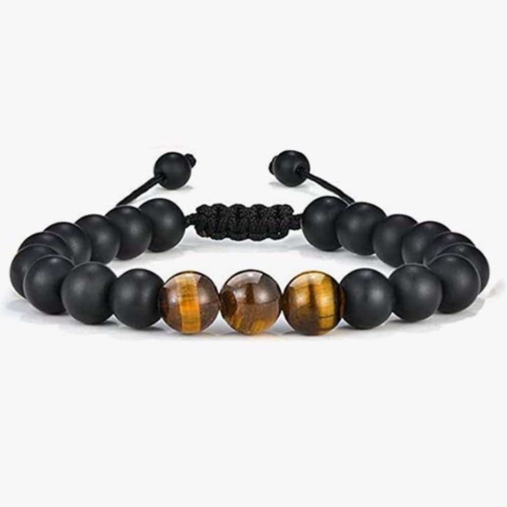 Brown Tiger's Eye & Matte Black Natural Stone Beaded Adjustable Rope Bracelet